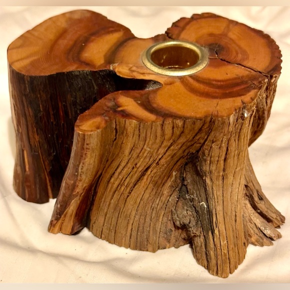 Vintage 70s Mid Century Candle Holder Raw Edge Wood Mountain Cabin Candleholder - Picture 4 of 16
